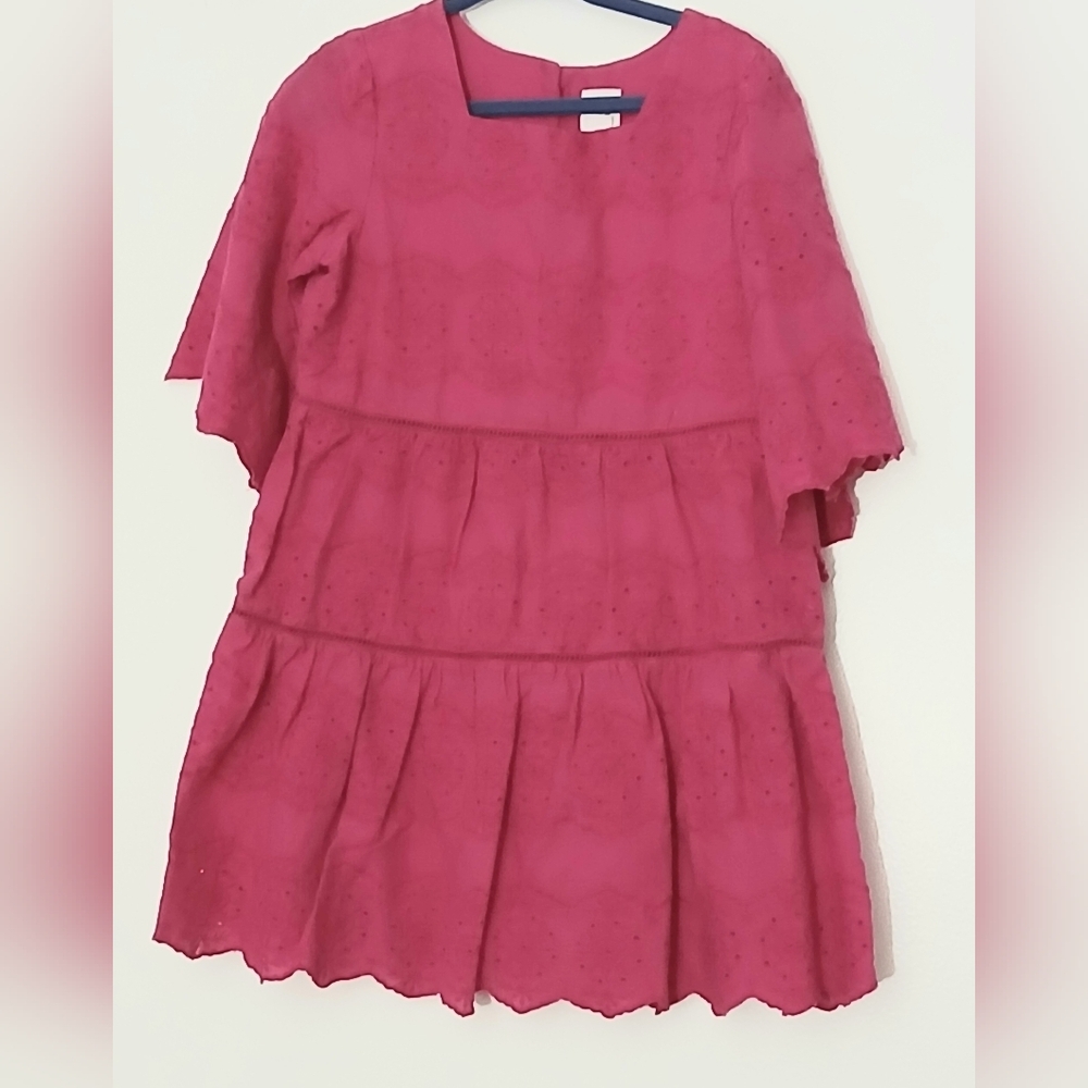 GAP Baby Dress Girl's Size 4T Jelly Bean Pink Eyelet Tiered Lined Bell Sleeve